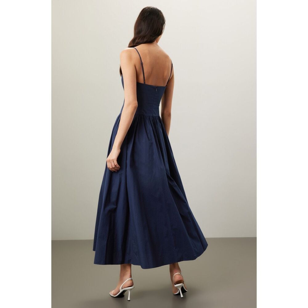 Staud Women's Navy Spaghetti Strap Drop Waist Poplin Dena Maxi Dress Sz 12 NWOT - Picture 8 of 15